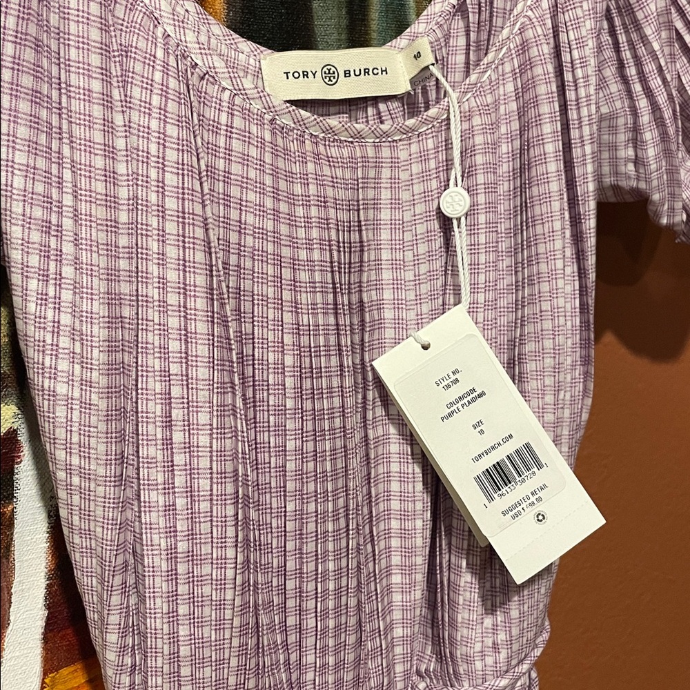 Tory Burch NWT Cotton/Silk Purple Plaid Pleated Dress, Size 10, New! - Picture 9 of 9